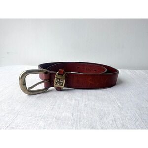 Vintage Talbots Leather Belt Brown Brass Buckle Engraved 90s Size M
